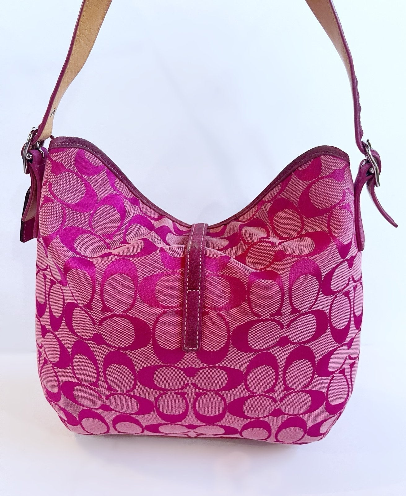 Coach Vintage Pink Signature Suede Hampton Clip Hobo Baguette Bag Purse Y2K Rare