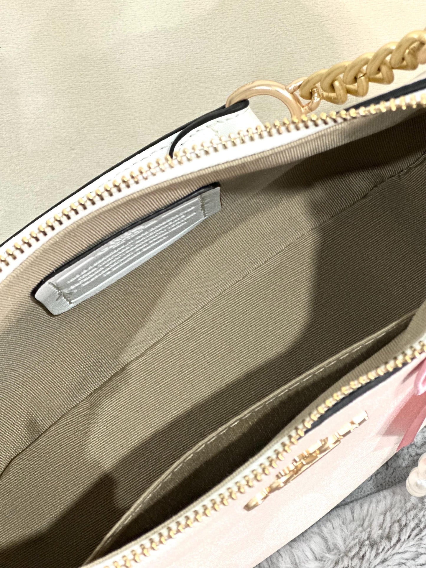 90s style brown denim white leather bag with charms