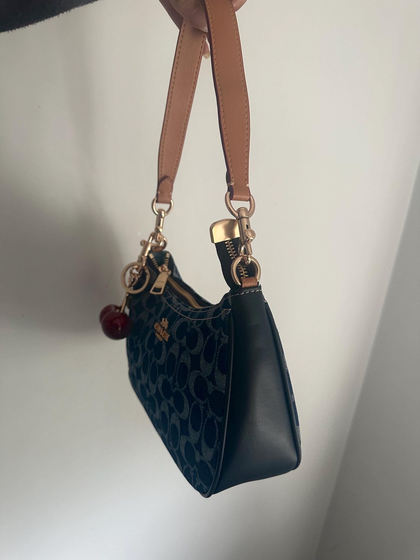 90s style brown denim white leather bag with charms