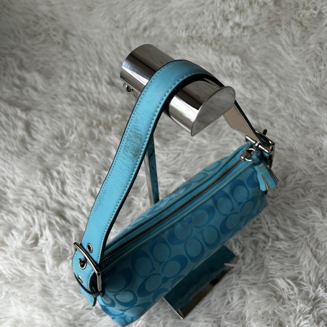 COACH Signature Baguette Hampton Semi Demi Hand Bag Blue F/S Used 665