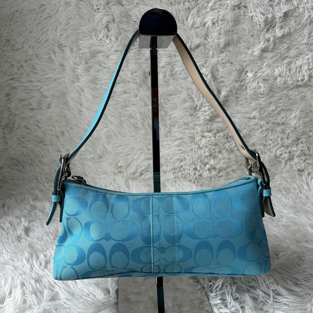 COACH Signature Baguette Hampton Semi Demi Hand Bag Blue F/S Used 665