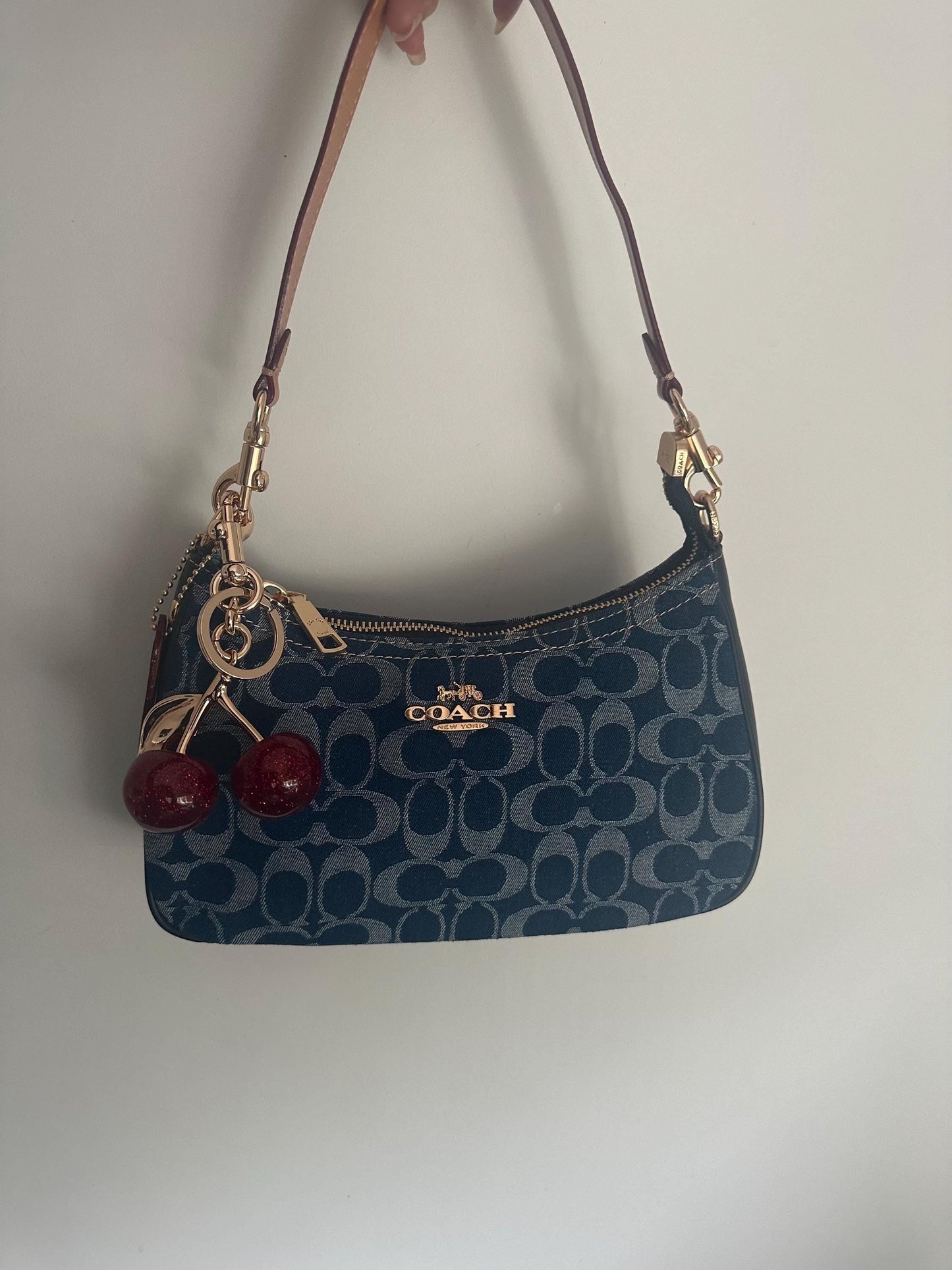 90s style brown denim white leather bag with charms