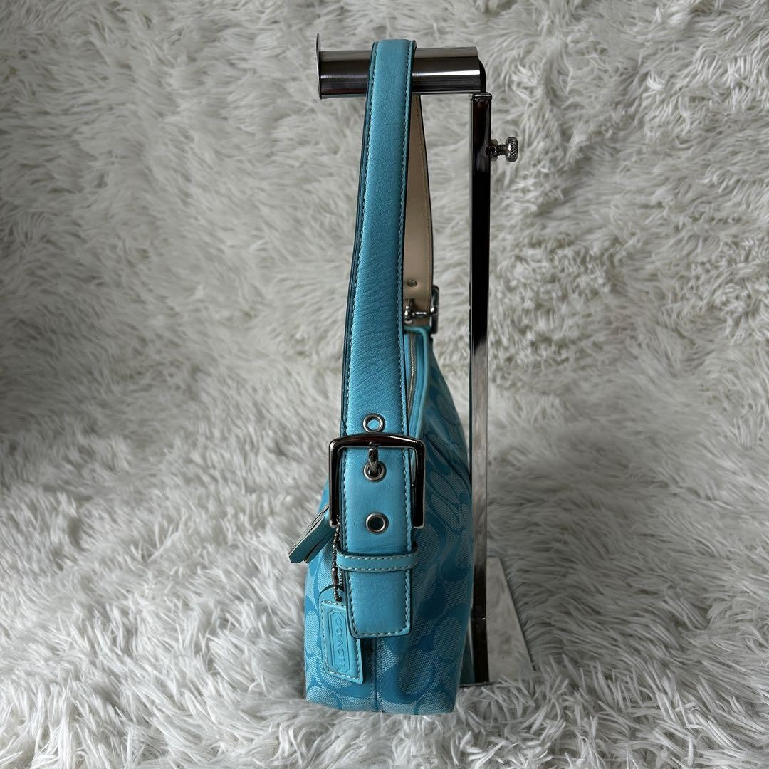 COACH Signature Baguette Hampton Semi Demi Hand Bag Blue F/S Used 665