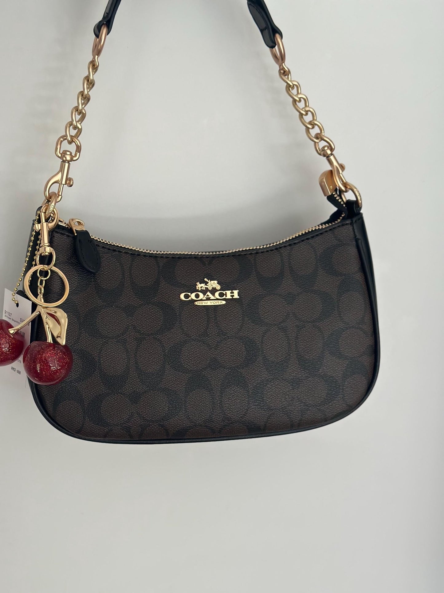90s style brown denim white leather bag with charms
