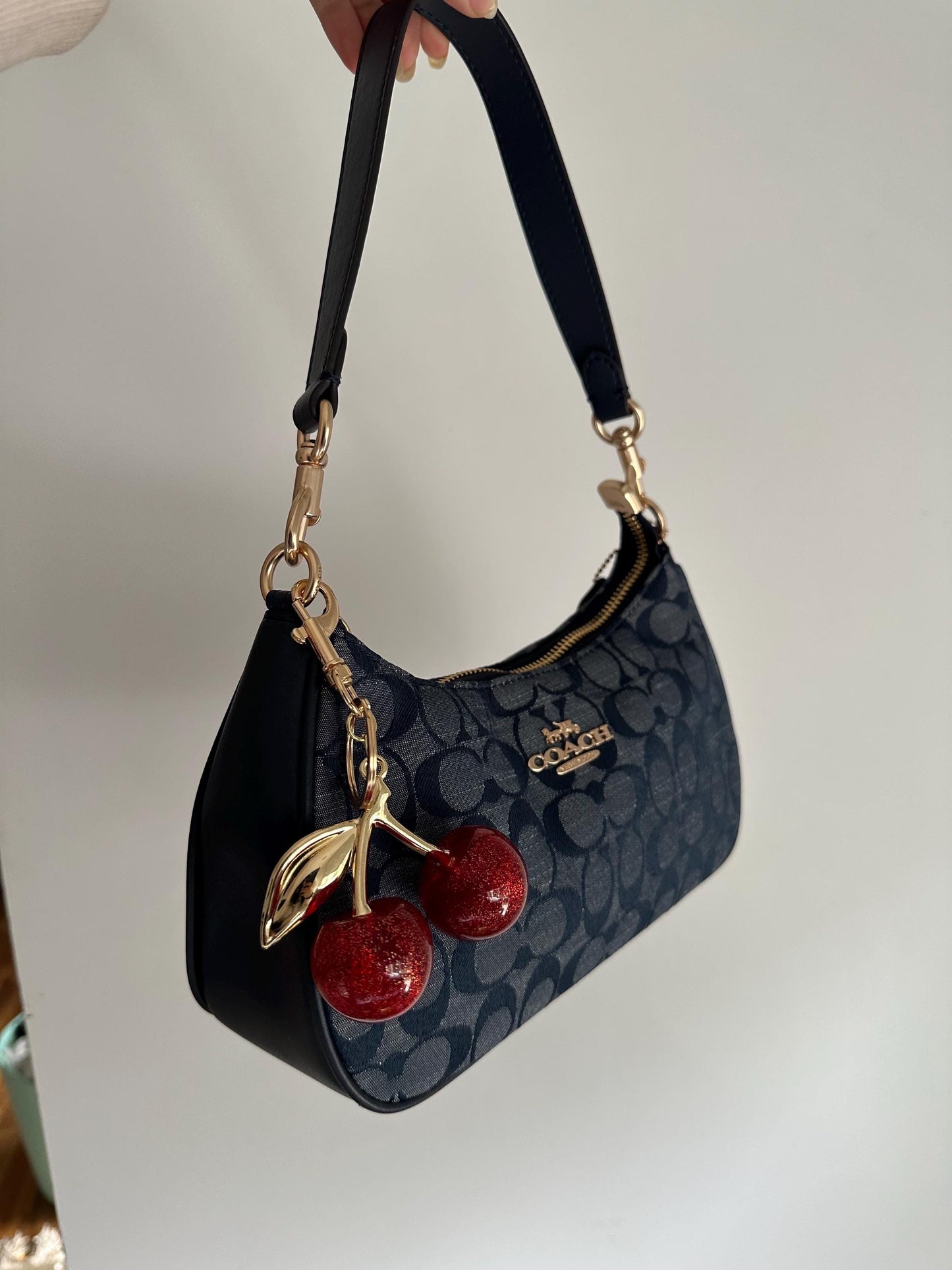 90s style brown denim white leather bag with charms
