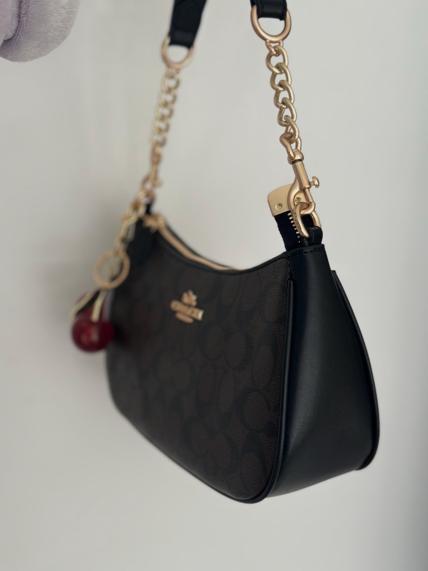 90s style brown denim white leather bag with charms