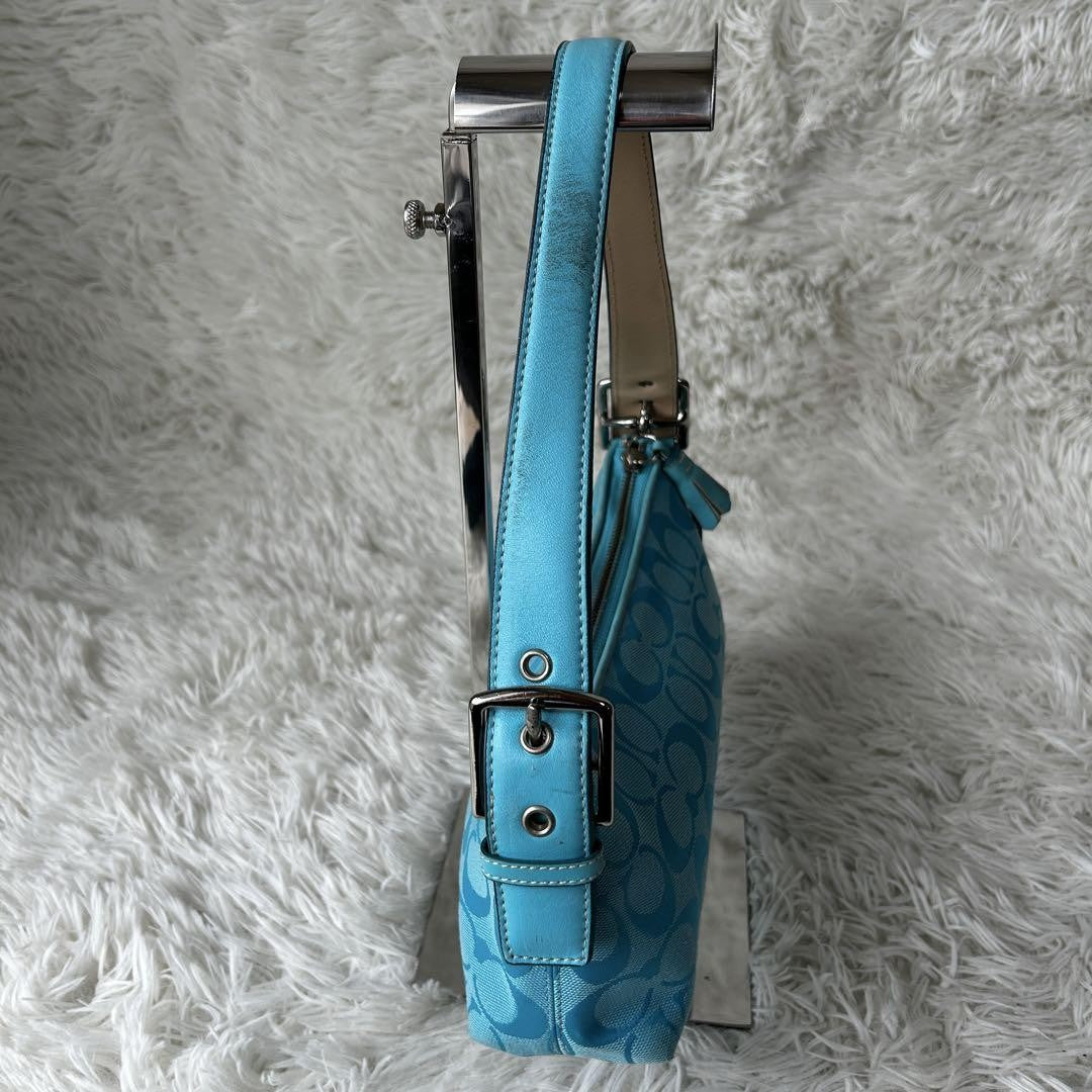 COACH Signature Baguette Hampton Semi Demi Hand Bag Blue F/S Used 665