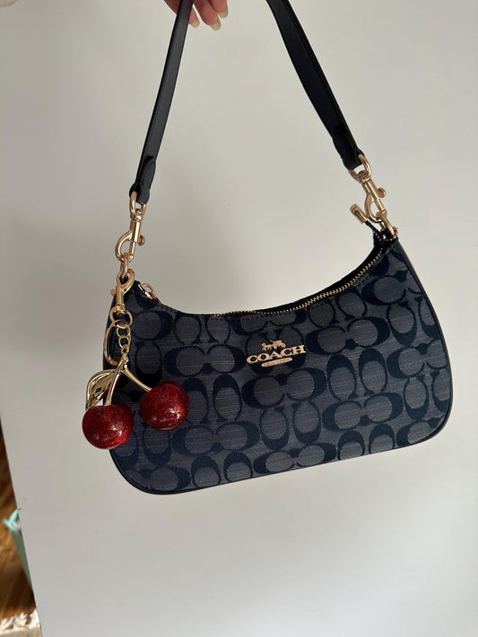 90s style brown denim white leather bag with charms