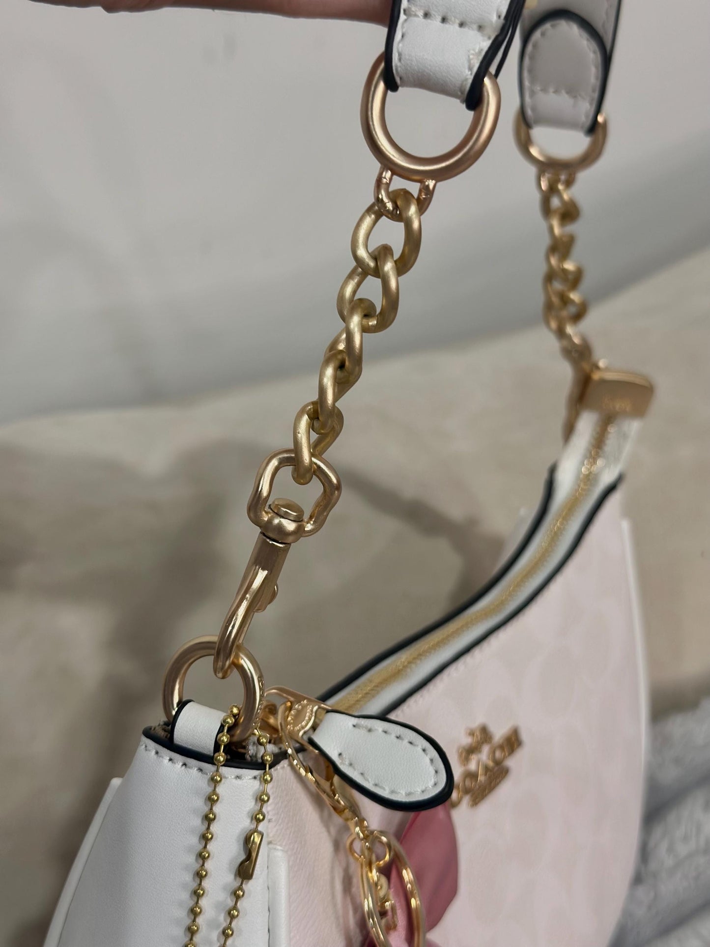 90s style brown denim white leather bag with charms