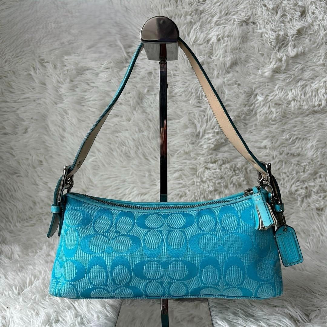 COACH Signature Baguette Hampton Semi Demi Hand Bag Blue F/S Used 665