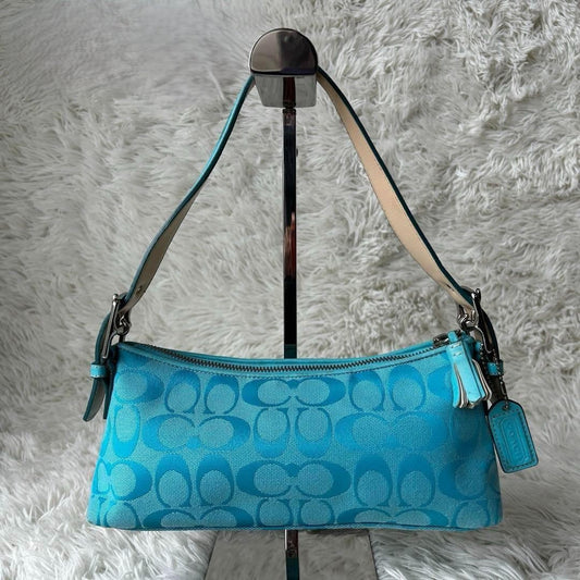 COACH Signature Baguette Hampton Semi Demi Hand Bag Blue F/S Used 665