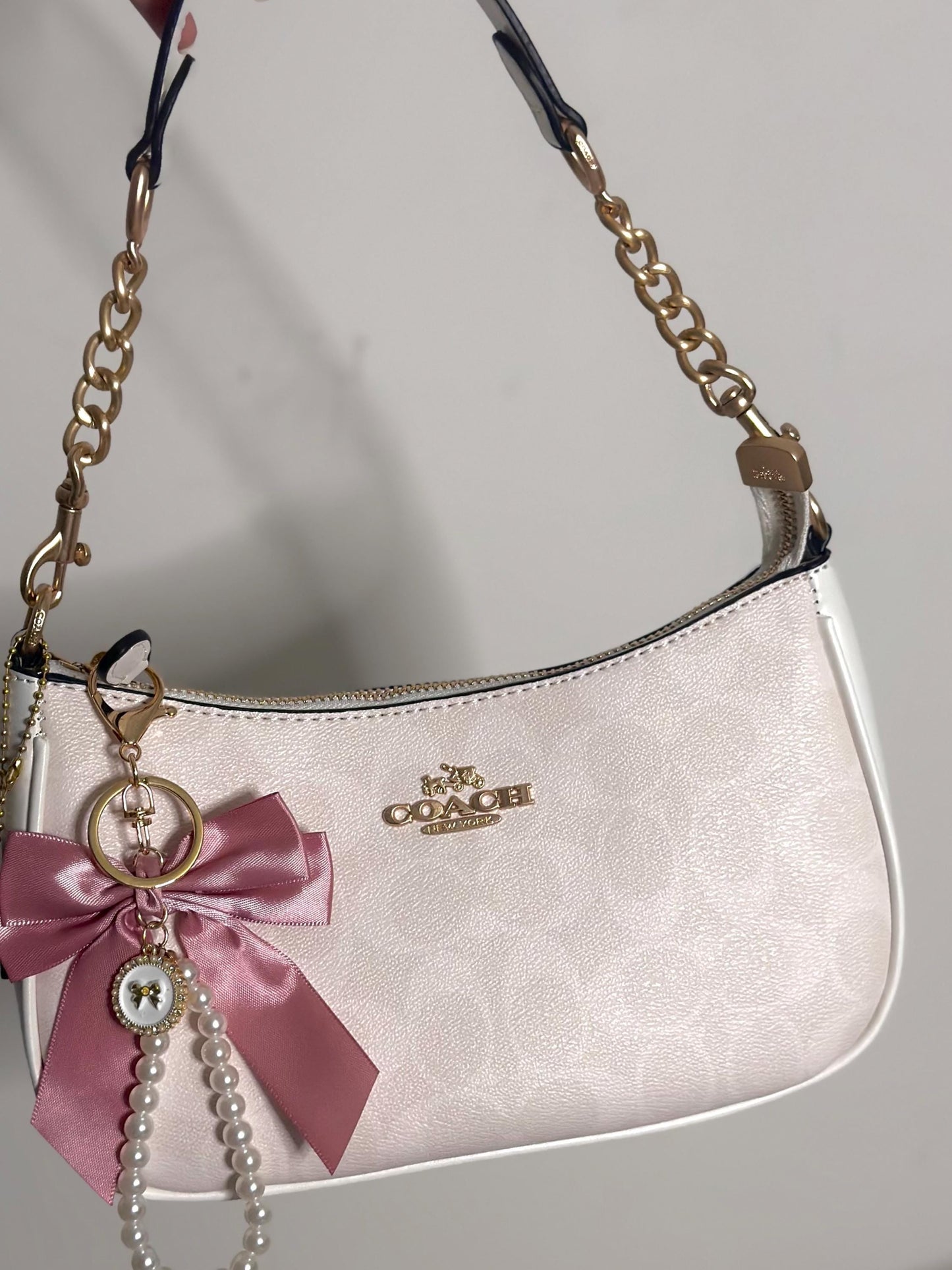 90s style brown denim white leather bag with charms