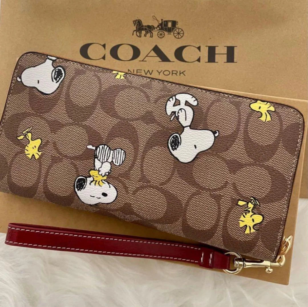 COACH x PEANUTS Long Zip around Wallet Snoopy Woodstock Khaki Signature F/S