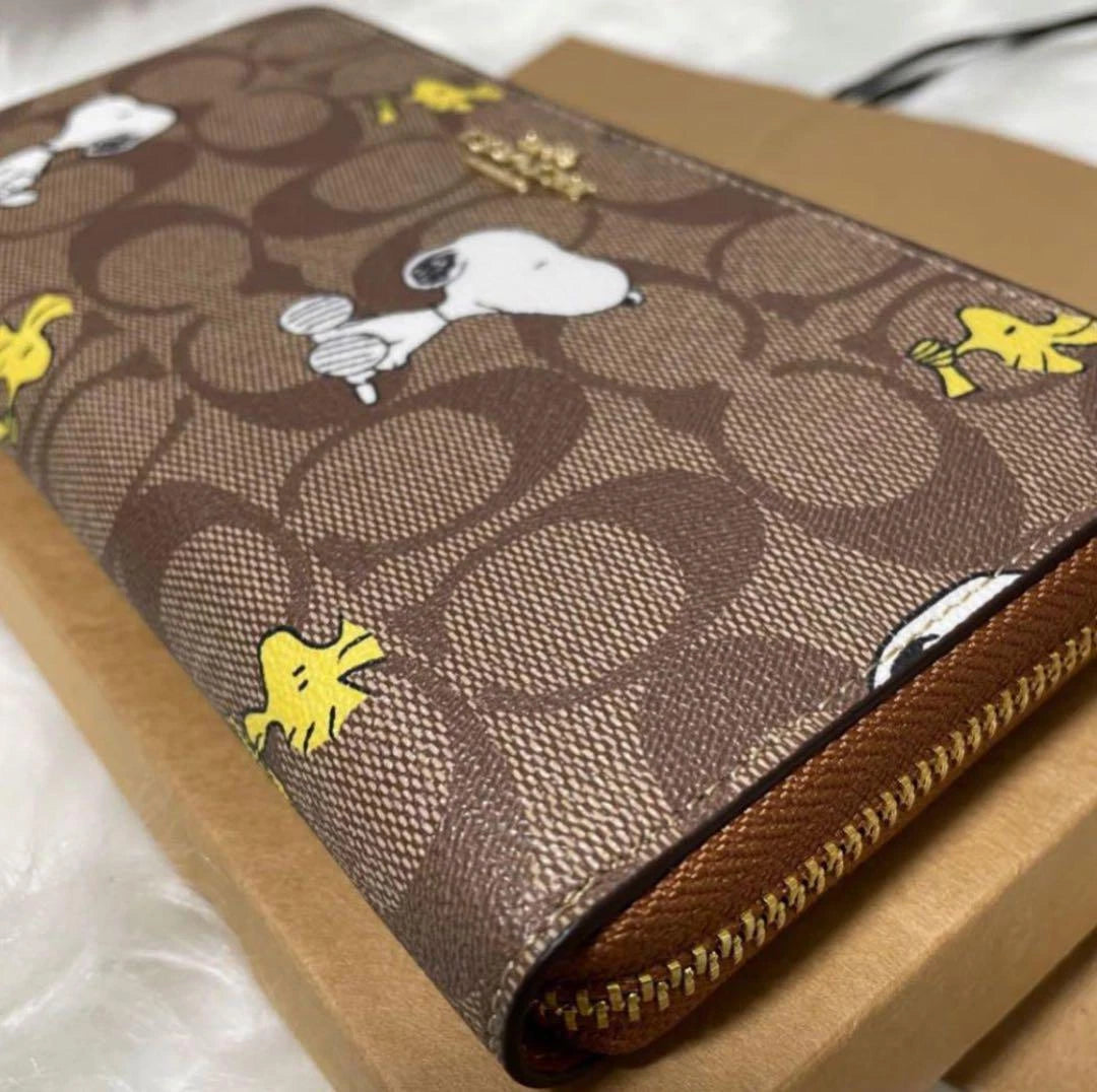 COACH x PEANUTS Long Zip around Wallet Snoopy Woodstock Khaki Signature F/S