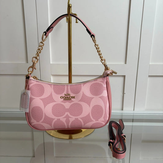 Coach CAL51 Teri Shoulder Bag Powder Pink Gold Signature Canvas Zipper Closure