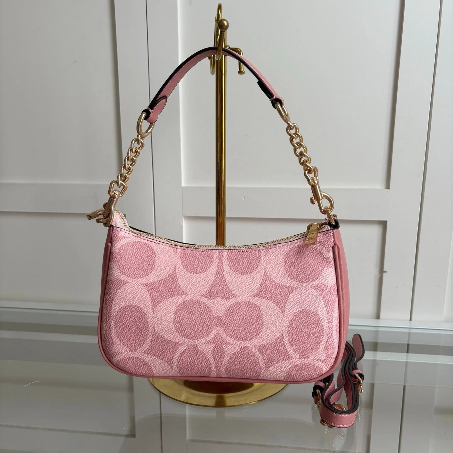 Coach CAL51 Teri Shoulder Bag Powder Pink Gold Signature Canvas Zipper Closure