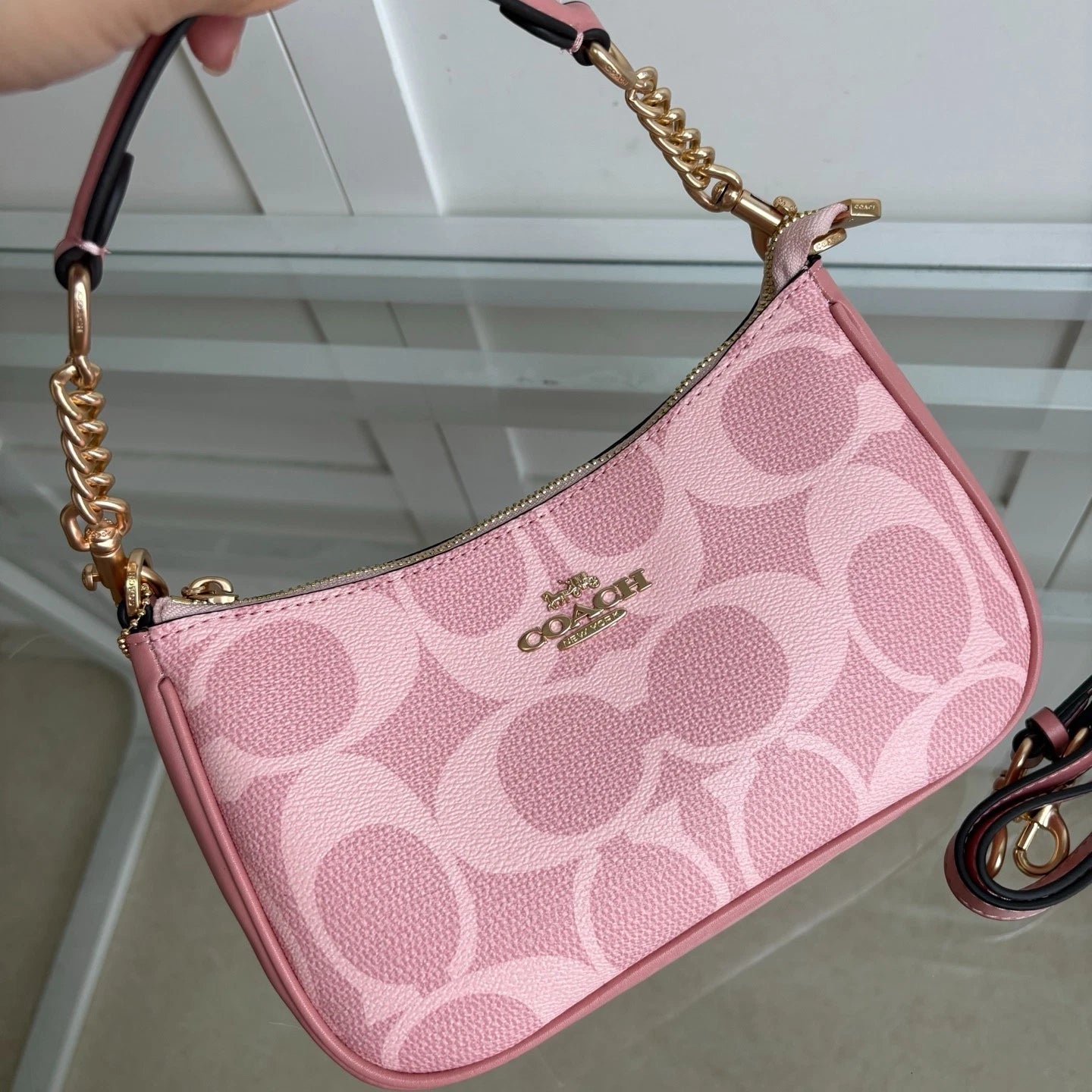 Coach CAL51 Teri Shoulder Bag Powder Pink Gold Signature Canvas Zipper Closure